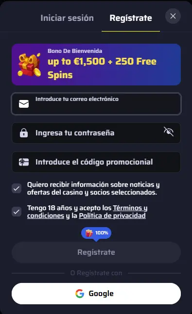 Formulario de registro de BDMBet con el bono de bienvenida y el campo de código promocional